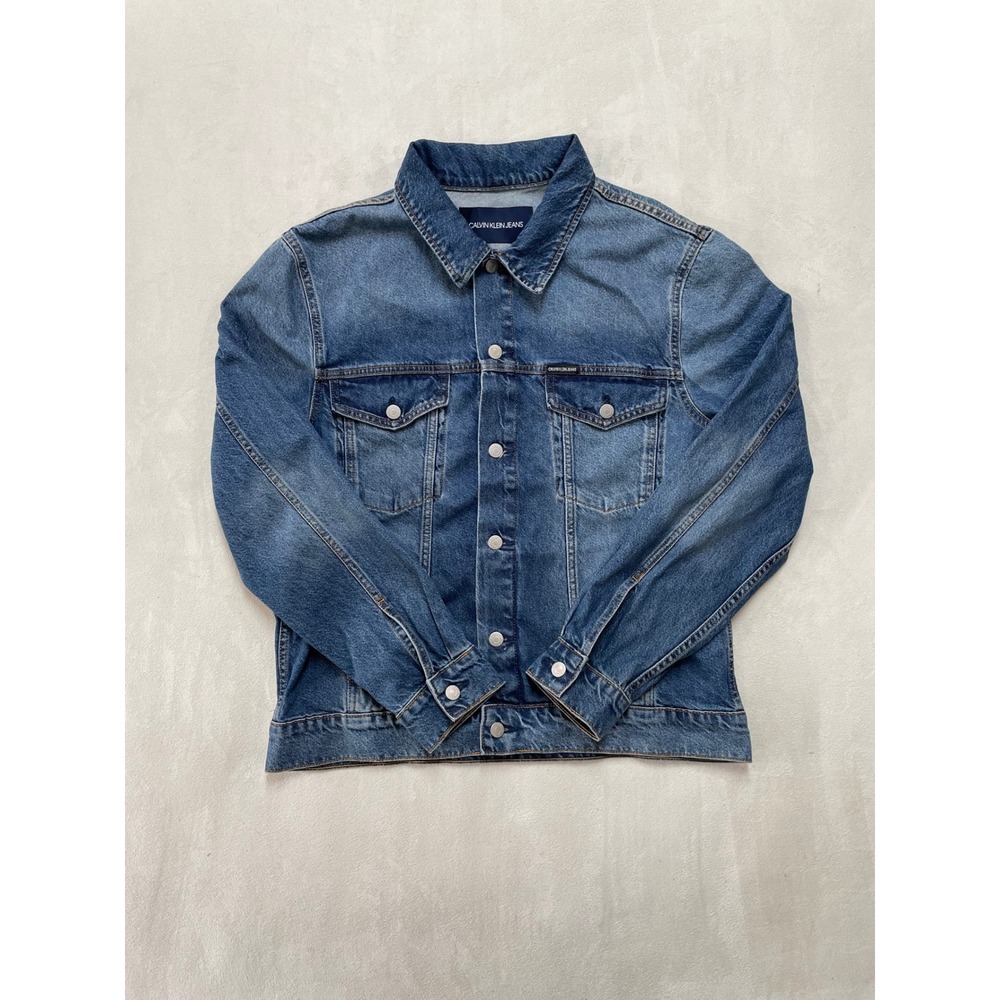 Calvin Klein Jeans Mens XL Blue Denim Trucker Jacket Cotton Logo Patch